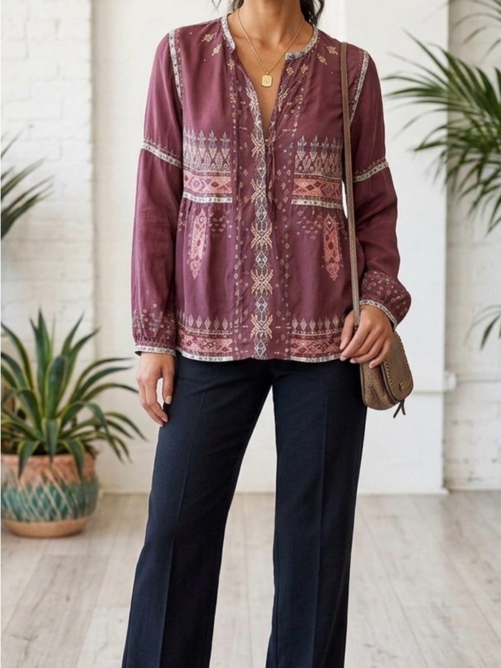 Johnny Was - Biya 100% Silk Plum Embroidered Split-Neck Tunic
